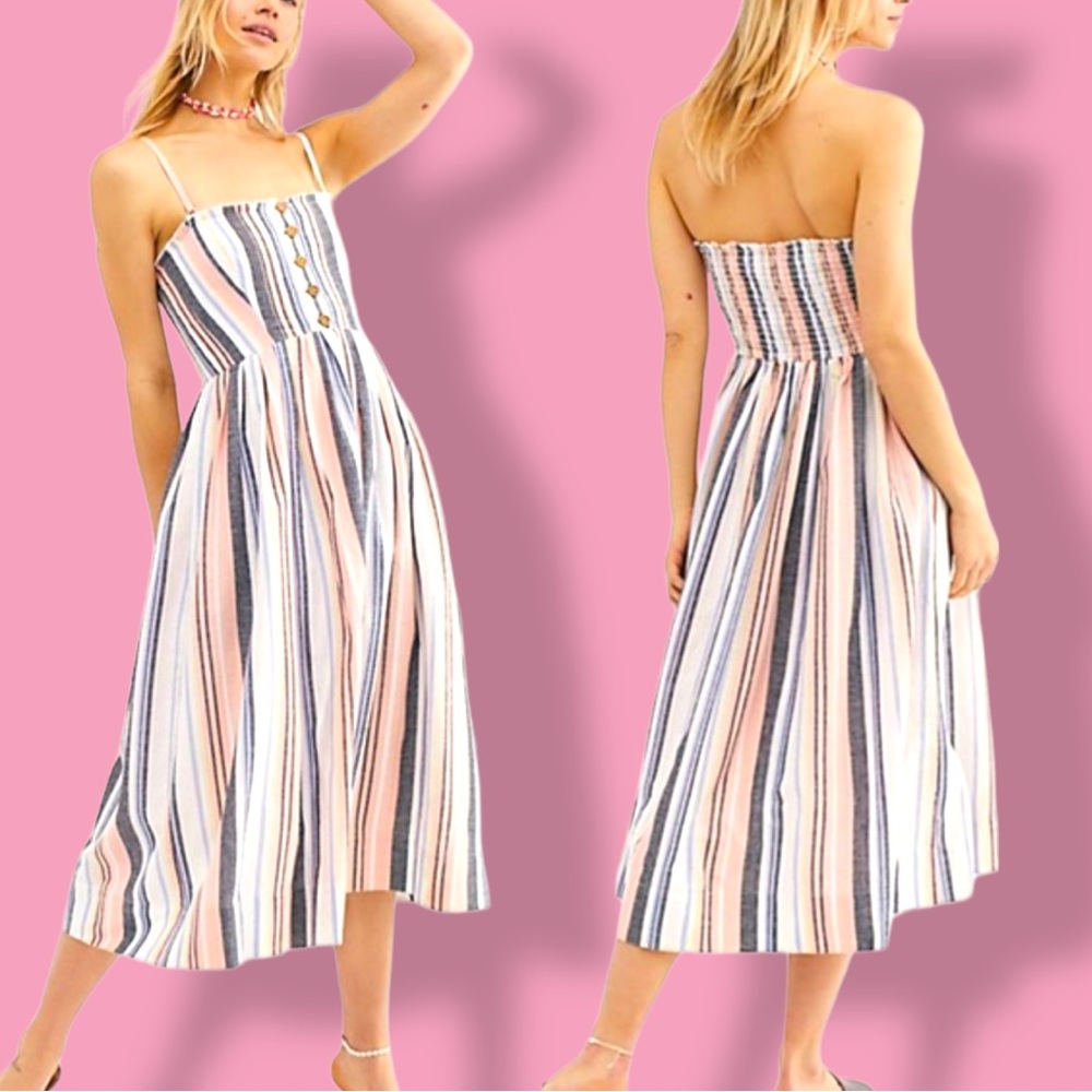 Free People Lilah Multi Striped Pleated Midi Dress